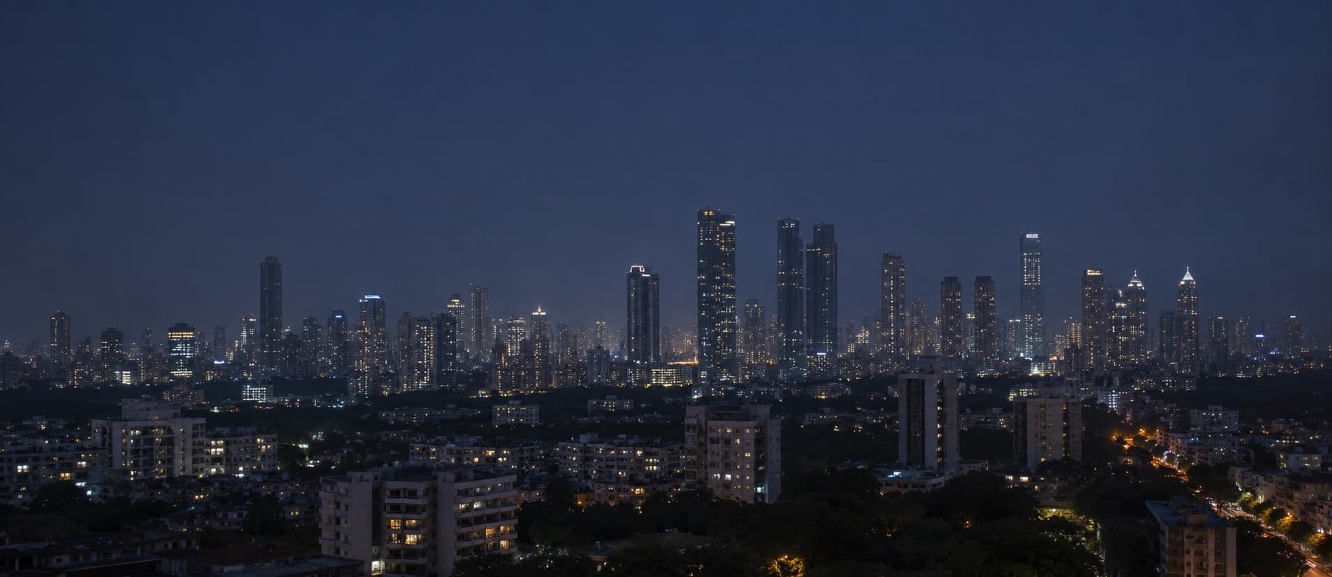 Mumbai skyline at night, aerial view