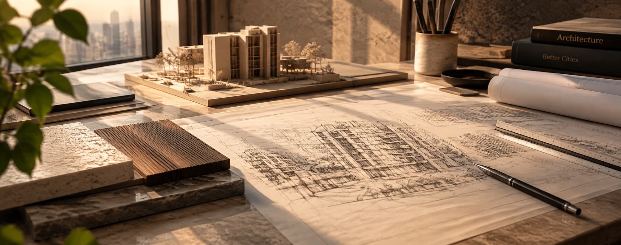 Architectural model, sketches and material swatches on a studio desk, Mumbai skyline beyond